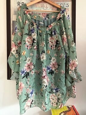 Elena Baldi Silk Floral Rose Bell Sleeve Romantic On/Off Shoulder Dress Tunic 3X